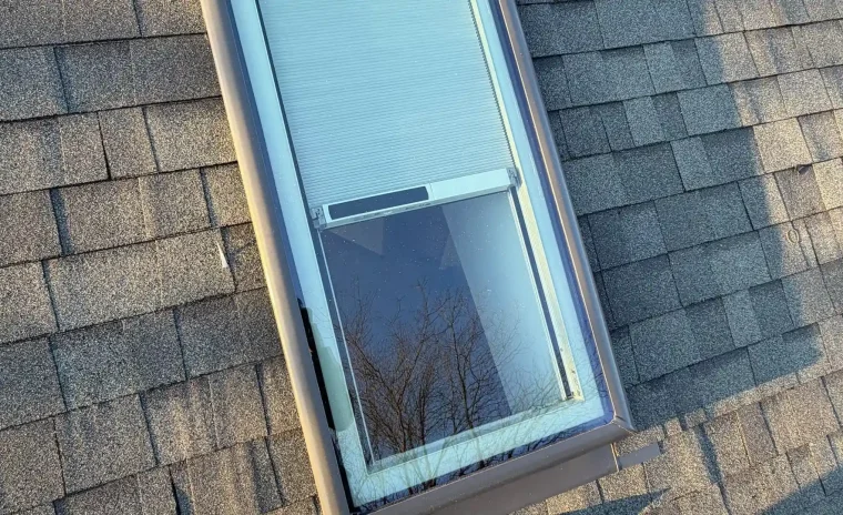 A skylight with an open blind is installed in a shingled roof, showing a reflection of trees in the glass.